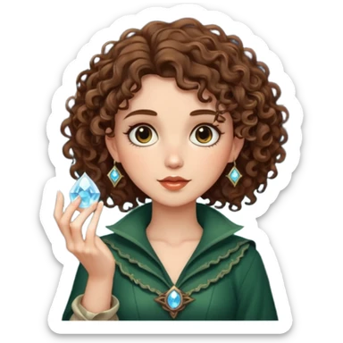 forest rogue woman short tight curly brown hair holding moon crystal sticker