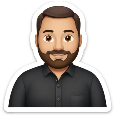 Very stocky businessman in his 40s with light brown skin, pear-shaped face, full cheeks, warm friendly smile, kind welcoming eyes, thick eyebrows, wide nose, short full beard, short dark hair, wearing a black button-up shirt sticker