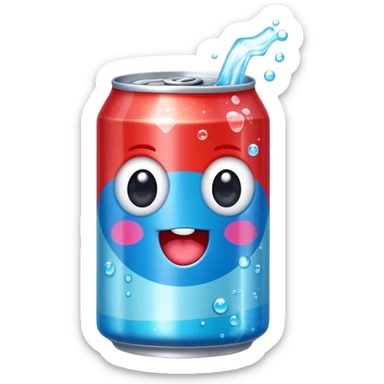 Cute Kawaii Soda Can, bubbly and vibrant, bright red and blue stripes, playful fizz popping around, a chubby happy face with wide sparkling eyes, energetic and refreshing! sticker