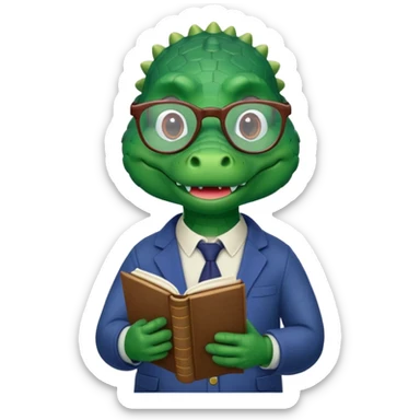 A claymation-style academic alligator. The background is a solid white circle sticker