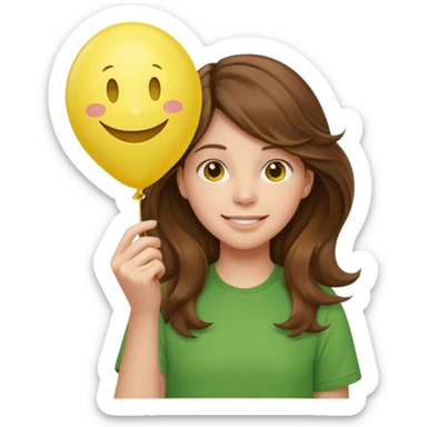 Teen girl wavy brown hair, green shirt, with smiley-face balloon sticker