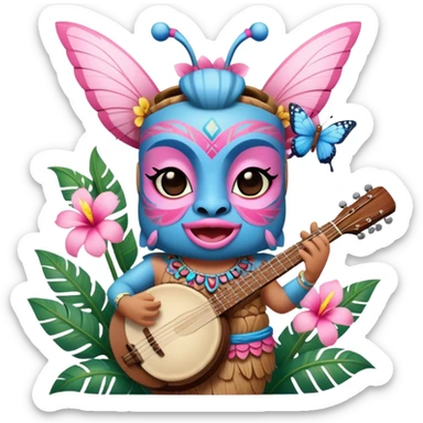 Pixar style little Blue and pink tiki singing with a butterfly, banjo, and tropical flowers, ultra detailed and lifelike imagery, realistic sticker
