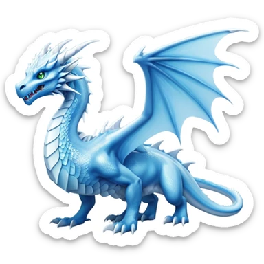 Cinematic Noble elegant Ice Dragon full body Emoji, Poised and imposing, distinct long elegant snout, with a slender, scaled body shimmering in glacial hues of icy blue, frostbitten silver, and crystalline white, breathing out frost, with piercing, glowing eyes that radiate the chilling depths of an arctic storm; rendered in detail. displaying its wings sticker