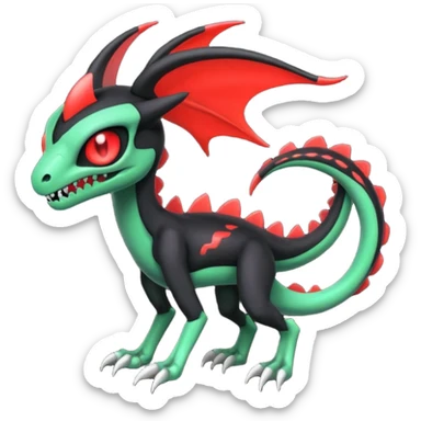 Obsidian-black and neon-glowing-green skeletal Meloetta-Salandit-Gorebyss-Salazzle-Pokémon-Fakémon-creature-fusion-hybrid with glowing crimson-red evil slit eyes sticker