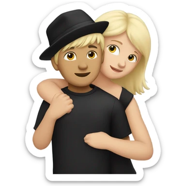 girl with blonde hair hugging boy with black hair and a black hat sticker