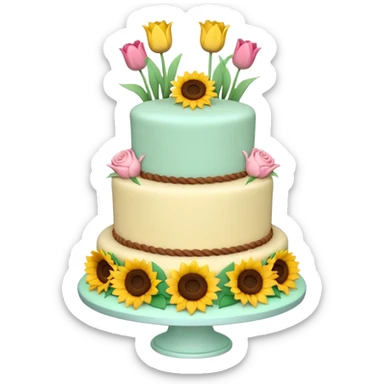 A large three teir cake with top layer decorated with roses, middle with Sunflowers and bottom layerwith Tulips and Happy Birthday Dear written on top. sticker