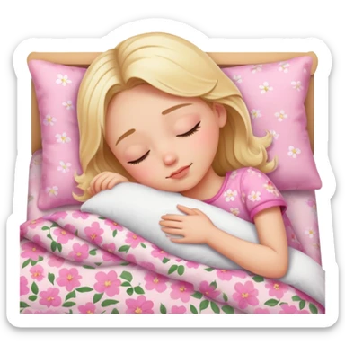 Blonde girl beautiful finish sleeping on her bed with pinky floral design  sticker