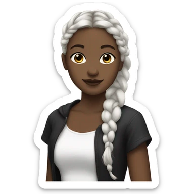 Pale girl with brown hair with silver ends, pulled into a braid, wearing black sticker