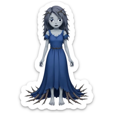 Gloomy petite beautiful pretty sparkly shiny ghostly fair lady with long ragged torn tattered dress, thorns across arms and legs, depressed face, ghoul-like gloomy dark greyish dull-colored deep-blue dark-black swampy monsterous lady woman (full body) sticker