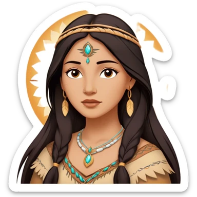 Cinematic Radiant Pocahontas Portrait Emoji, rendered in a vector-style with clean lines. Show Pocahontas with luminous, sun-kissed skin and flowing dark hair adorned with subtle natural ornaments, her expression calm and kind, dressed in simple traditional attire with earthy tones. The image glows softly with a warm, inviting radiance, enhanced by a soft glowing outline. sticker