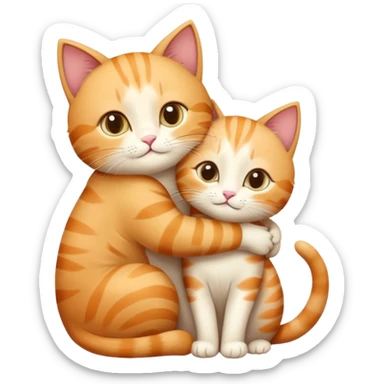 A cute illustration of two cats, one bigger and resembling a boy, and the other smaller, resembling a girl. They are gently hugging each other in a warm and loving way. The bigger cat has a friendly expression, while the smaller cat looks content and cozy. sticker