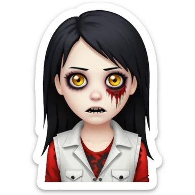 Girl zombie wearing white vest with black hair emo creepy long hair scary, black eyes emoji  sticker