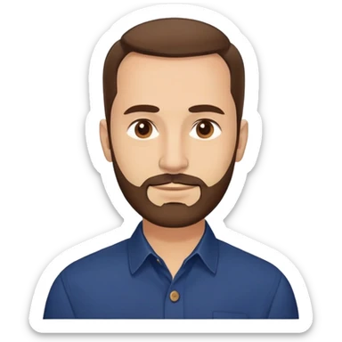 Man in his mid-50s with light skin tone. Round face with broad cheekbones. Lively brown eyes, prominent eyebrows. Full brown hair with minimal recession at temples. Brown beard covering jaw and chin. Slight smile. Wearing a navy button-down shirt. sticker