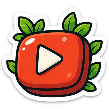 plump, vibrant, cartoon-style YouTube logo, bold outline, expressive shadows, glossy highlights, decorated with bright leaves around the logo, no background sticker