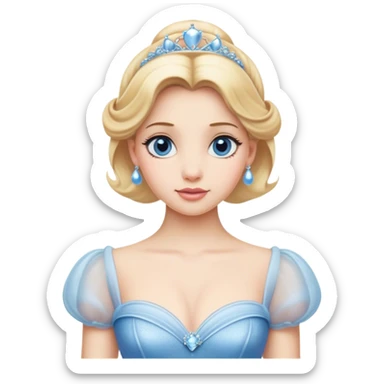 Cinematic Elegant Cinderella Portrait Emoji, rendered in a beautifully detailed, vector-style with minimal shading and bold, simplified shapes. Depict Cinderella in her classic ball gown (chest and above) with fair, porcelain skin and elegantly styled blonde hair, her eyes soft and kind, and her expression serene and graceful. The design glows with a gentle, enchanting radiance and high shine, capturing the timeless beauty of a fairy tale princess. sticker