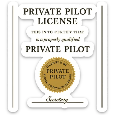 formal private pilot license design with a gold seal and official typography sticker
