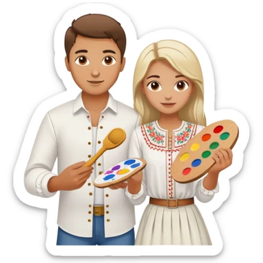 a guy in a white Ukrainian embroidered shirt and a girl in a white Ukrainian embroidered shirt, holding music and a paint palette sticker