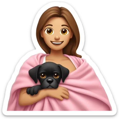 a woman with brown hair is cradling her puppy in a pink baby blanket. the puppy is a black boxer dog. the woman is smiling with mouth ajar. you can see the woman cradling the puppy like a baby from her waist up.  sticker