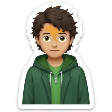 a 14 year old slightly tanned teenage boy with dark brown tousled wavy hair, dark brown eyes wearing a green tshirt, with a dark green hoodie overcoat. smirking. full body sticker