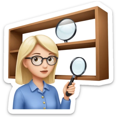 emoji of white empty shelf in perspective view with a woman nearby, she is looking at the shelfs with a magnifying glass sticker