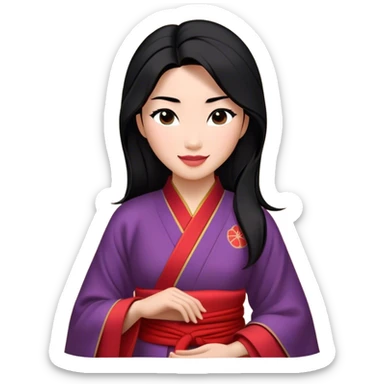 Cinematic Realistic Radiant Mulan Portrait, presenting Mulan with a warm, confident smile and lifelike light-toned skin that appears almost luminous under natural daylight. Her sleek black hair is rendered in meticulous detail, and her traditional robe—accented with understated red highlights—is depicted with realistic fabric textures and folds. The overall image exudes a gentle, inviting glow, high shine, and refined detail that captures her poised elegance and inner resilience in a painterly, authentic style. sticker