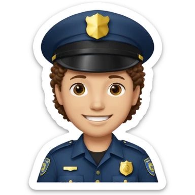 a cartoon-style avatar of a police officer with curly brown hair, wearing a black cap sticker