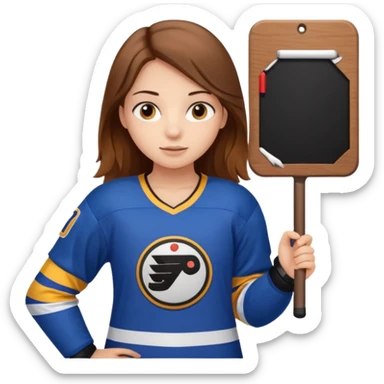 Girl sharks hockey fan with brown long hair holding a large blank sign sticker
