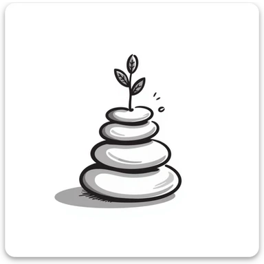 A zen-like balanced stack of smooth stones with a small plant growing beside it, representing balance and stress relief. Simple hand-drawn doodle style. sticker