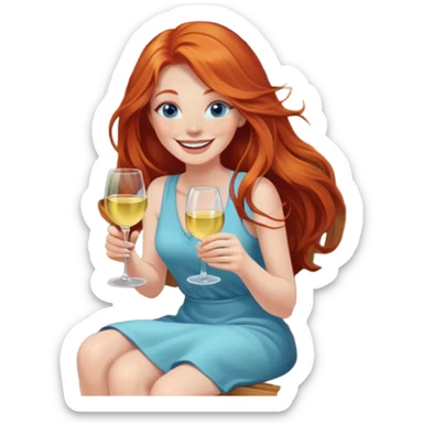 Laughing redhead with long hair and blue eyes holding white wine sitting in chair beside fire pit in backyard sticker