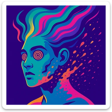 surreal portrait of a person with neon skin, face dissolving in an explosion of colors, airbrush effect, hair as swirling liquid color streams like northern lights, hypnotic spiral eyes, geometric elements along face contour, paint particles flying away, acid purple, turquoise, and electric pink blending, sense of movement sticker