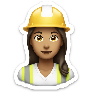 Light tan girl with white construction hat wearing construction uniform headshot with dark brown hair sticker
