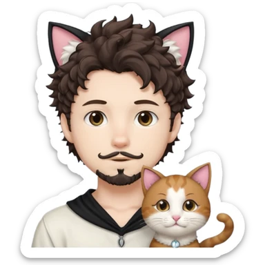 white boy with cat tail with goatee hair and cat ears with dark brown hair and anime features woth curly hair  sticker