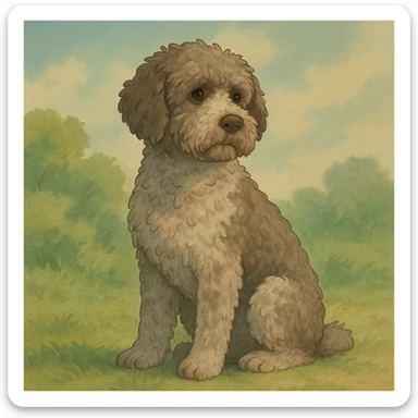 illustration of a roan Lagotto Romagnolo dog, sitting, soft background, ghibli style sticker