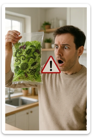 a man with a shocked expression holds a bag of salad greens up to the light. Through the clear plastic, enlarged and detailed images of various parasites and bacteria are visible among the leaves. A red warning triangle with an exclamation mark floats near the bag, emphasizing the health risk. The setting is a bright, everyday kitchen. sticker
