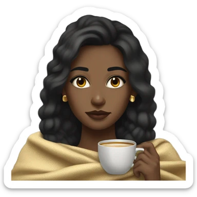 brown skin girl, with 3b type black hair, drinking peppermint tea, upturned dark brown eyes, black eyebrows, gold necklace and gold earrings, and dark grey blanket. sticker