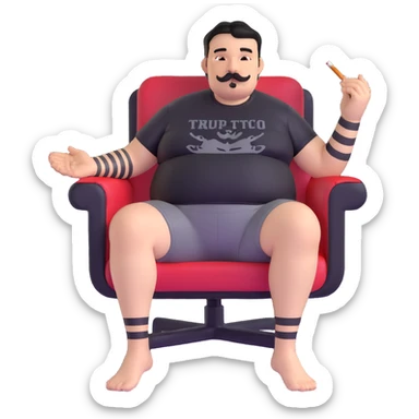 Big man relaxing in chair, legs spread wide, holding cigarette, round face, short black hair (not bald), short beard and mustache, black t-shirt with light stripes at top, exposed belly, black shorts, arms covered in black graphic tattoos with patterns visible on forearms and shoulders sticker