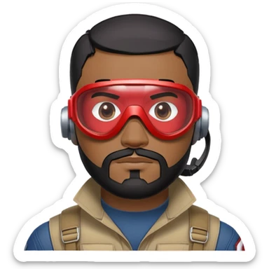 sam wilson have a short, neatly cropped black hair. It is evenly trimmed and close to the scalp, maintaining a clean and military-inspired and  a well-groomed beard that connects to his mustache,  wear sleek, red-tinted tactical goggles fit snugly from captain america: civil war sticker