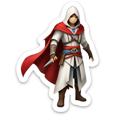 An icon representing an adventure game, inspired by Assassin's Creed. The design features a heroic character in hooded attire, scaling a tall building in a historical cityscape. The background shows ancient architecture and hidden symbols, symbolizing exploration and stealth. Transparent background sticker