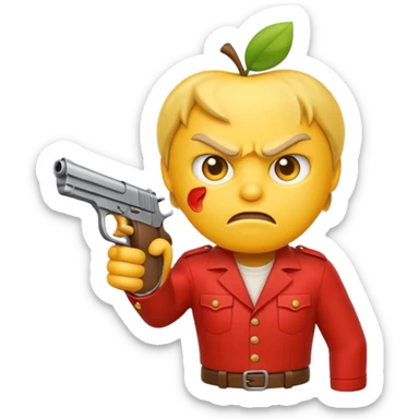 Create a classic yellow angry emoji holding a gun in hand, in the style of Apple emojis, with no background. sticker