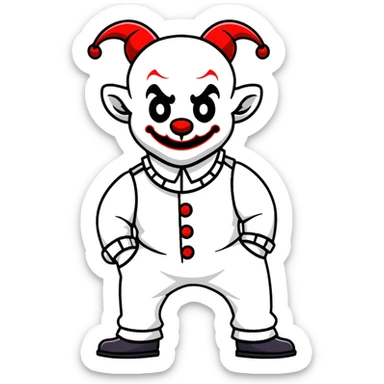 full-body demonic clown in a white leisure suit with bellbottom pants, bald, with black ram horns sticker