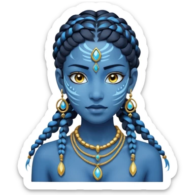 Illustrate a Pandora-style female avatar with radiant blue skin, intricate facial markings, twin braids flowing down, and deep luminous eyes. She wears golden earrings and a tribal rope necklace with a gem, her calm yet powerful gaze reflecting the spirit of the Na’vi. sticker