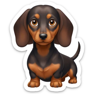 Cinematic Noble blablack and tanck and tan Dachshund Portrait Emoji, Poised and regal, with a long, low-slung build and a smooth, well-groomed black and tan coat, deep-set soulful brown eyes, Simplified yet sharp and sophisticated features, highly detailed, glowing with a soft, dignified glow, high shine, intelligent and determined, stylized with an air of charm, focused and attentive, soft glowing outline, capturing the essence of a watchful and confident companion, so majestic it feels as though it could slide out of the screen with effortless authority! sticker