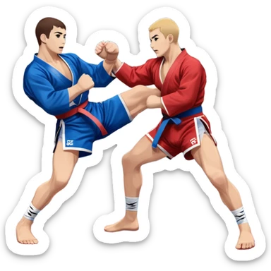 Two Sambo fighters in blue and red kimonos, with shorts and wrestling shoes, performing grappling and throwing techniques. The background shows a wrestling mat and an intense, focused atmosphere. Transparent background highlights the fluidity and skill of the sport without strikes. sticker
