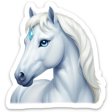 Cinematic Elegant White Horse Portrait Emoji, Head held high with a serene, graceful gaze, showcasing a magnificent pure white fur with a radiant shimmer, flowing mane and tail, and luminous blue eyes that exude beauty and grace, Simplified yet majestically refined features, highly detailed, glowing with a soft, ethereal light, high shine, poised and breathtaking, stylized with an air of pure elegance, capturing the essence of a stunning and graceful steed, so beautiful it feels like it could gallop out of the screen with effortless charm! sticker