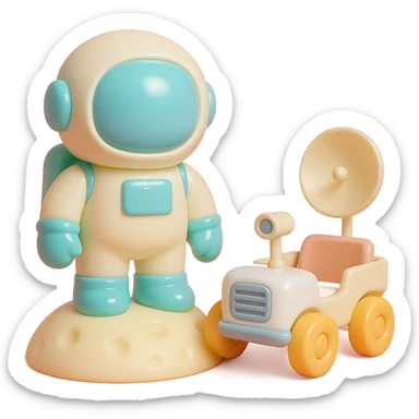 Add a detailed moon rover next to the vinyl figure style astronaut standing on the moon, keep the lunar surface details and original style sticker