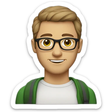 geek man with short haircut, green eyes color with armenian traits, short beard, white regular skin color and glasses sticker