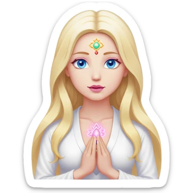 A cinematic realistic blonde with long hair, blue eyes, pink lips in white clothes meditates, her 7 chakras glow sticker