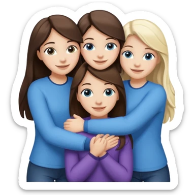 four white girlfriends hugging and smiling    2 girls with brown eyes and long dark brown hair. Two girls with blue eyes and light blonde hair sticker