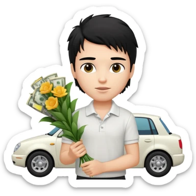 generate a pretty fair bratz boy with a messy mullet (black hair), wearing a white polo.  carrying a bouquet made of CASH. expensive car behind him sticker