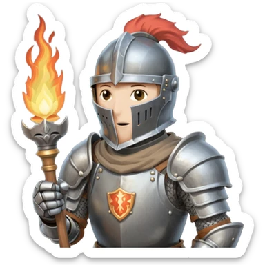 knight holding a short wooden torch in hand wearing darker, realistic iron armor,and  a closed helmet in dark souls style sticker